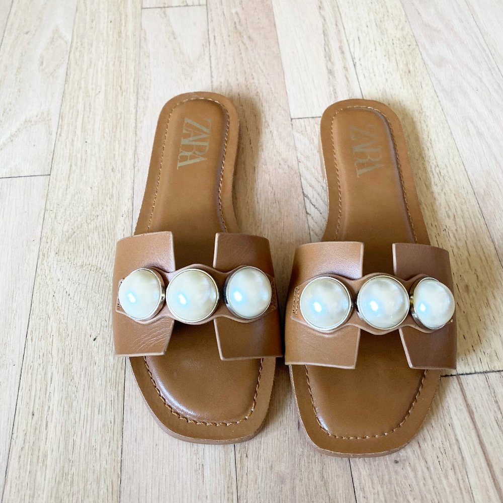 Zara Pearl Tan Slide Sandals Size 37